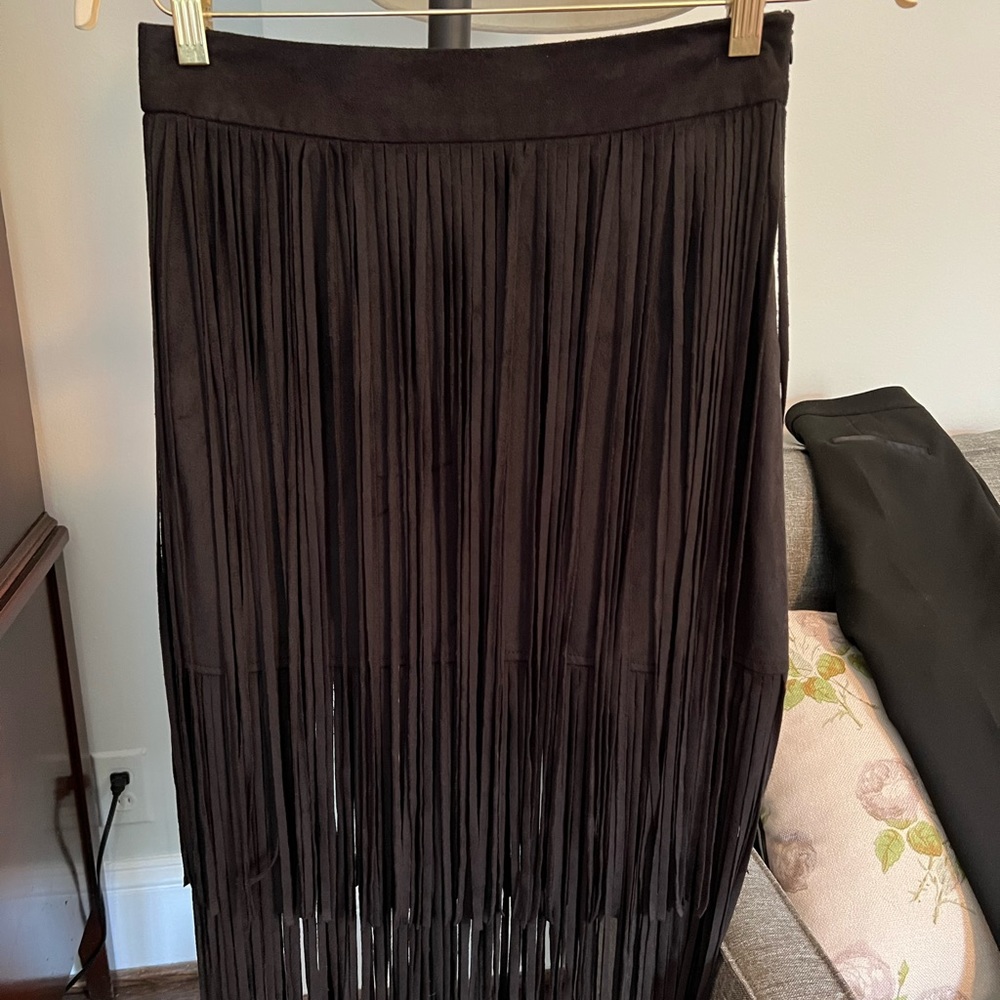 Zara black suede fringe skirt size Small